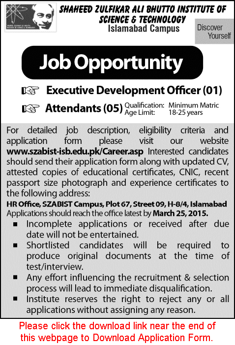 SZABIST Islamabad Jobs 2015 March Application Form Executive Development Officer & Attendants