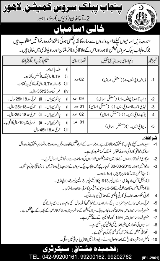 PPSC Jobs 2015 March for Naib Qasid, Driver, Chowkidar & Mali Latest