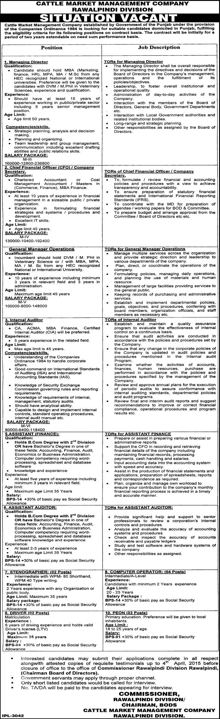 Cattle Market Management Company Rawalpindi Jobs 2015 March CMMC Latest Advertisement