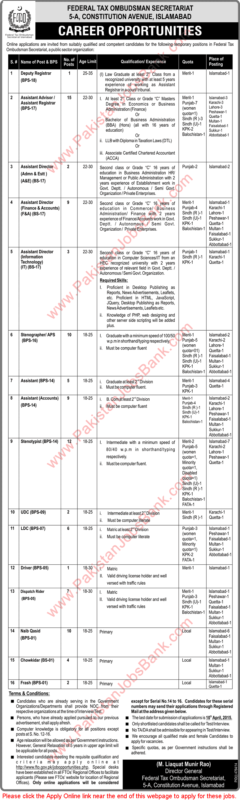 Federal Tax Ombudsman Secretariat Jobs 2015 March FTO Online Application Form Latest