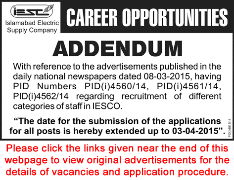 Addendum: IESCO Jobs March 2015 Deadline / Last Date Extended Latest Advertisement