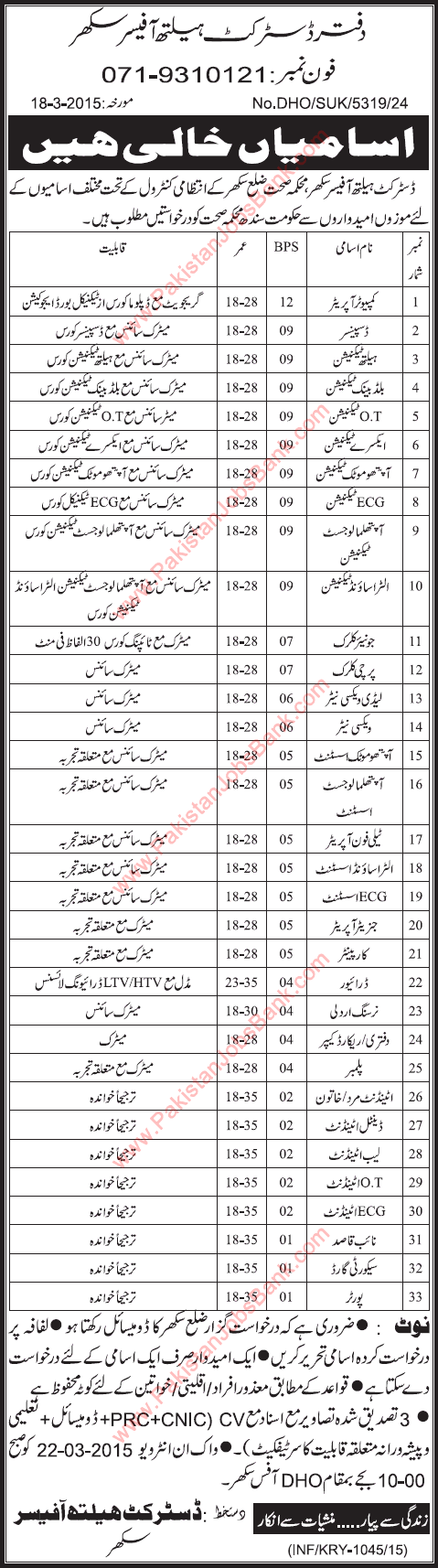 Health Department Sukkur Jobs 2015 March Admin, Paramedical & Support Staff Interviews