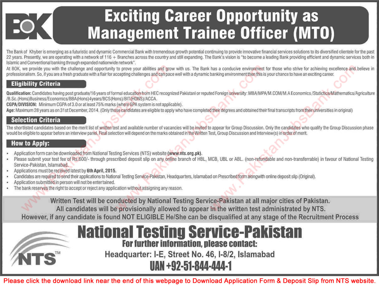 Bank of Khyber Management Trainee Officer Jobs 2015 March NTS Application Form Download MTO