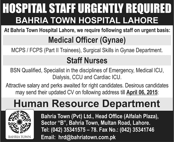 Bahria Town Hospital Lahore Jobs 2015 March for Medical Officer & Staff Nurses Latest