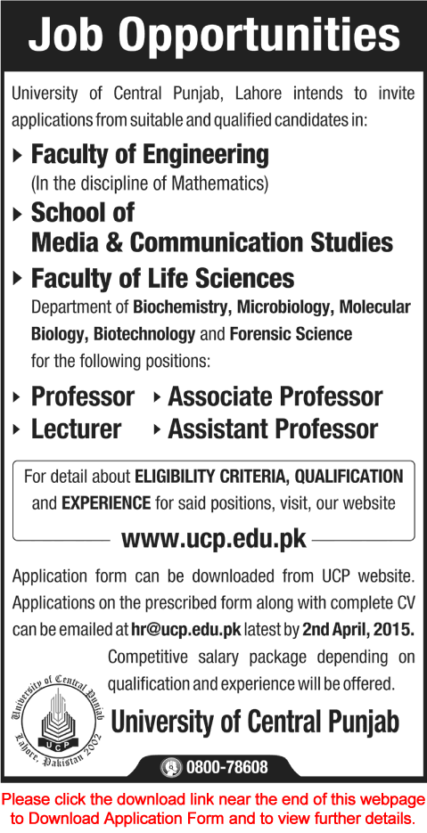 University of Central Punjab Lahore Jobs 2015 March Application Form Download Teaching Faculty