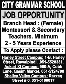 City Grammar School Rawalpindi Jobs 2015 March Branch Head, Montessori & Secondary Teachers