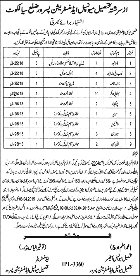 TMA Pasrur Jobs 2015 March Driver, Naib Qasid, Sanitary Worker, Chowkidar, Lineman & Others