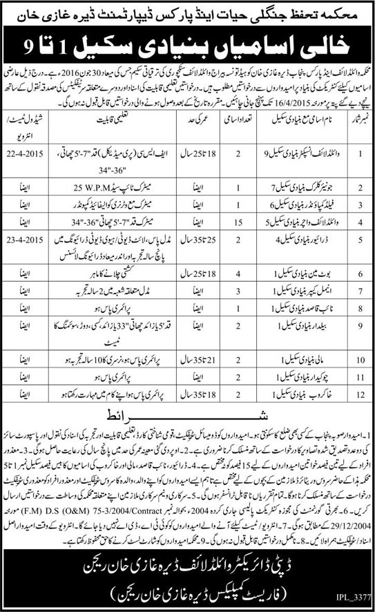 Wildlife and Parks Department Dera Ghazi Khan Jobs 2015 March / April  Wildlife Watcher / Inspector & Others