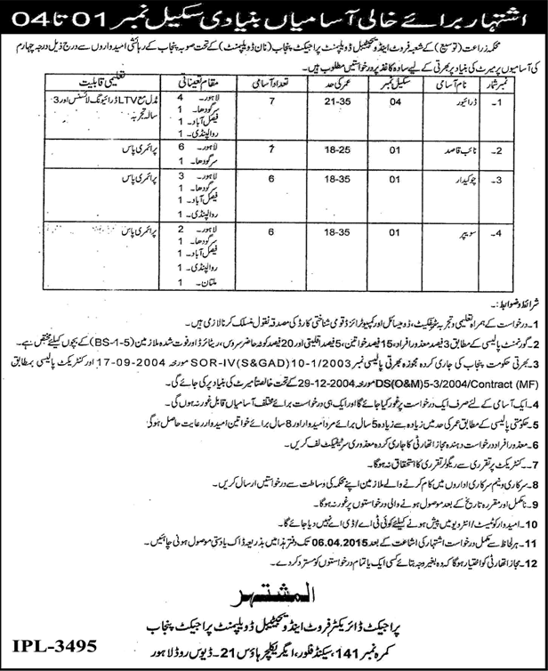 Agriculture Department Punjab Jobs 2015 March / April Driver, Naib Qasid, Chowkidar & Sweeper