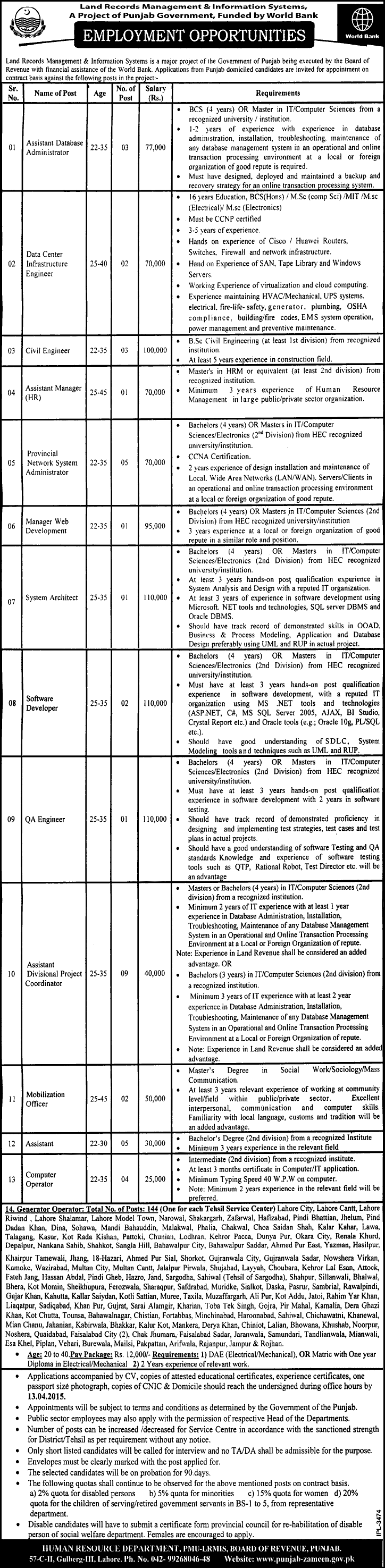 LRMIS Jobs March 2015 Punjab Land Records Management & Information System Latest