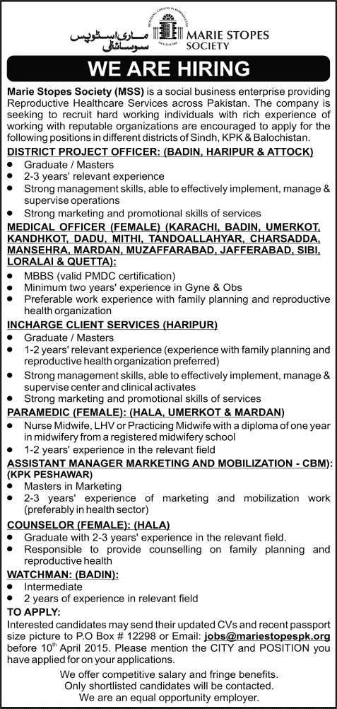 Marie Stopes Society Pakistan Jobs 2015 March / April MSS Medical / Paramedical & Admin Staff