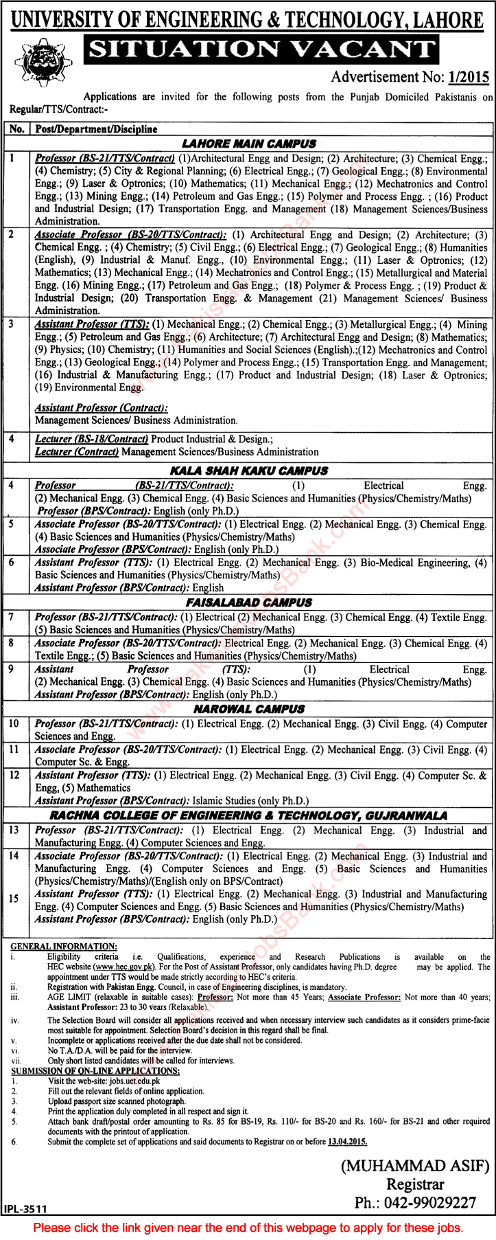 UET Jobs 2015 March / April Apply Online Teaching Faculty University of Engineering and Technology