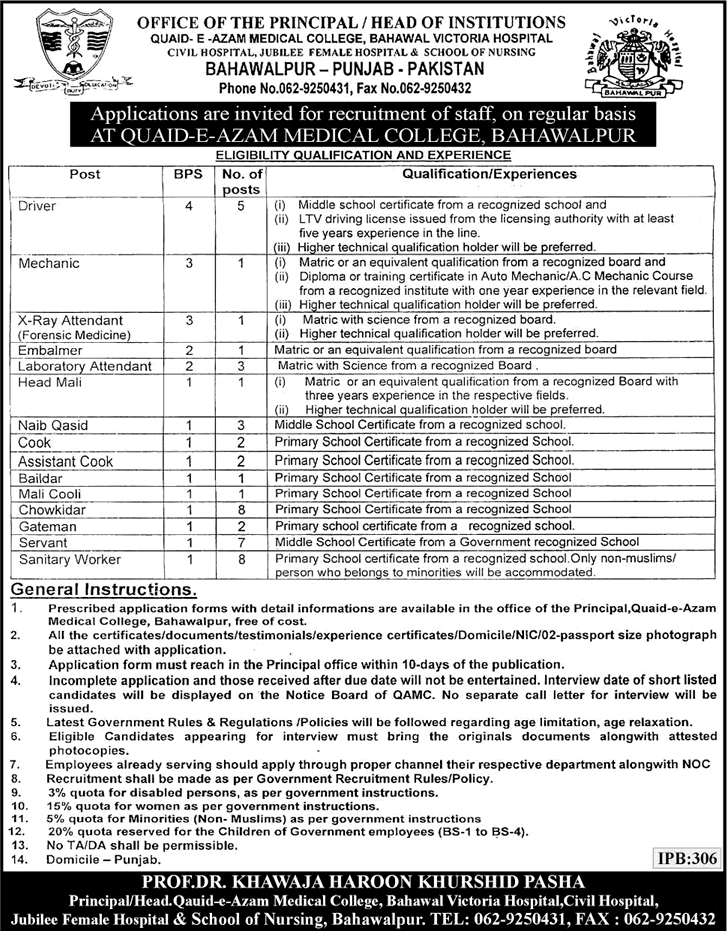 Quaid-e-Azam Medical College Bahawalpur Jobs 2015 April Bahawal Victoria Hospital Driver, Naib Qasid & Others