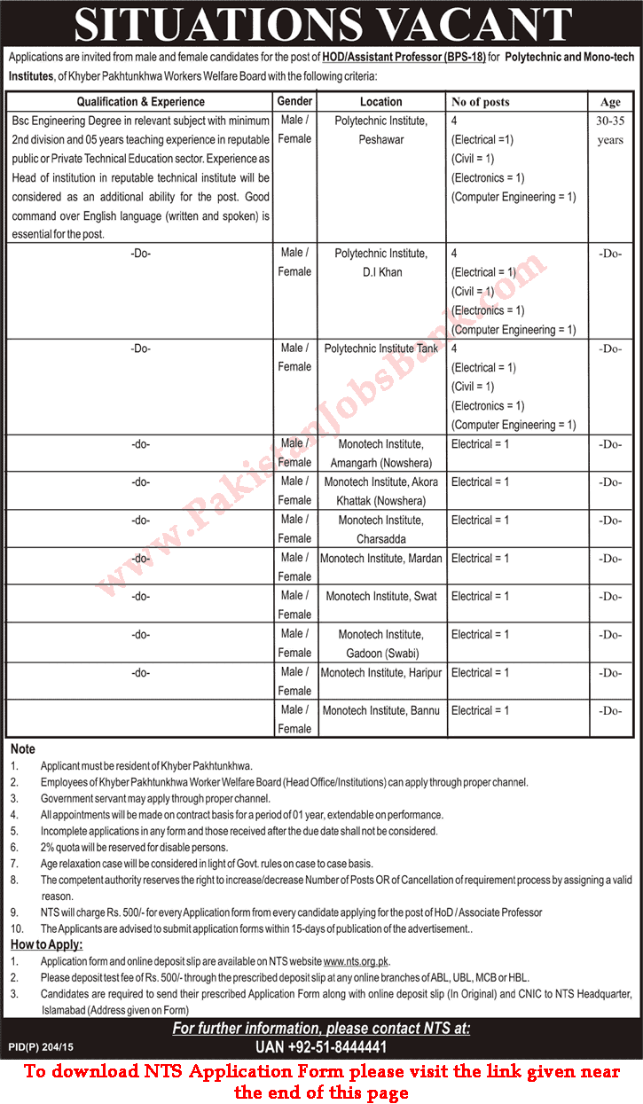 HOD / Assistant Professor Jobs in KPK Polytechnic and Mono-tech Institutes 2015 April NTS Application Form