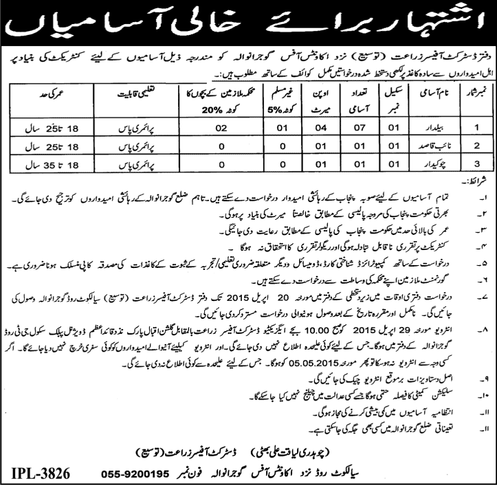 Baildar, Naib Qasid & Chowkidar Jobs in Gujranwala 2015 April District Agriculture Department