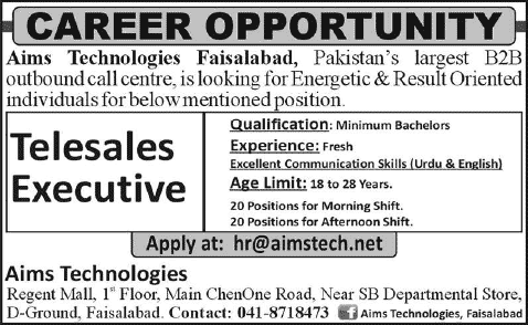 Call Center Jobs in Faisalabad 2015 April Telesales Executive at Aims Technologies Latest