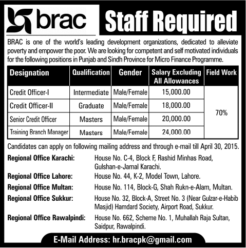 BRAC Pakistan Jobs 2015 April Credit Officers & Branch Manager for Microfinance Program Latest
