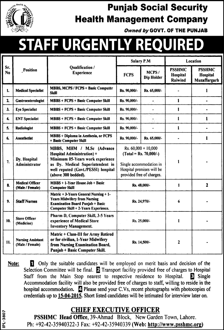 Punjab Social Security Health Management Company Jobs 2015 April Medical Officers, Nurses & Admin Staff