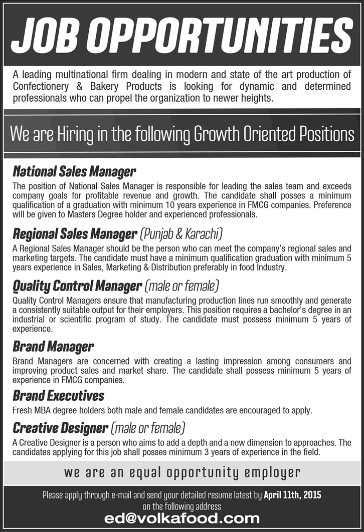 Volka Food International Jobs 2015 April Sales / Quality Control Manager, Creative Designer & Others