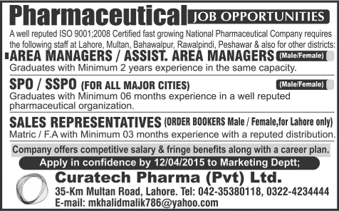 Curatech Pharma Pvt. Ltd Pakistan Jobs 2015 April Area Managers, Sales Promotion Officers & Representatives