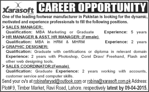 Xarasoft Lahore Jobs 2015 April Sales / HR Manager, Graphic Designer & Sales Coordinator Latest