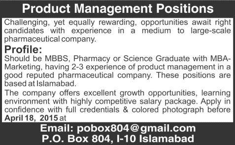 Pharmaceutical Product Management Jobs in Islamabad 2015 April PO Box 804