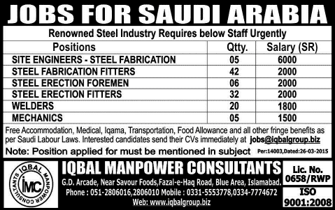 Mechanics, Welders, Fitters, Site Engineers Jobs in Saudi Arabia 2015 April for Pakistanis
