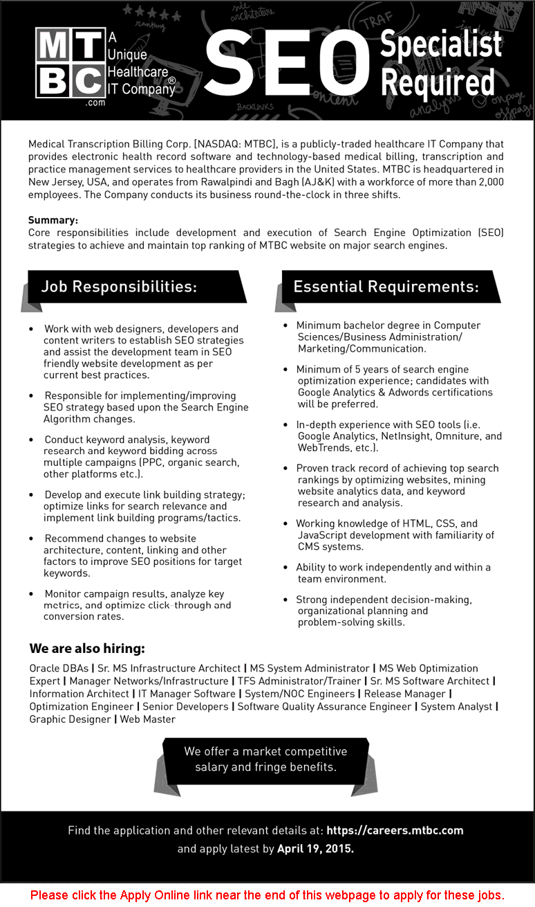 MTBC Rawalpindi Jobs 2015 April Apply Online SEO, Computer / Software Engineers / Developers & DBA