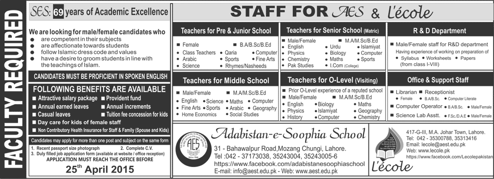 Adabistan-e-Soophia School Lahore Jobs 2015 April Teaching Faculty, Admin & Support Staff