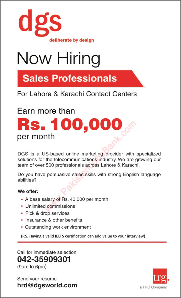 DGS Lahore / Karachi Jobs 2015 April Sales Professionals for Online Marketing