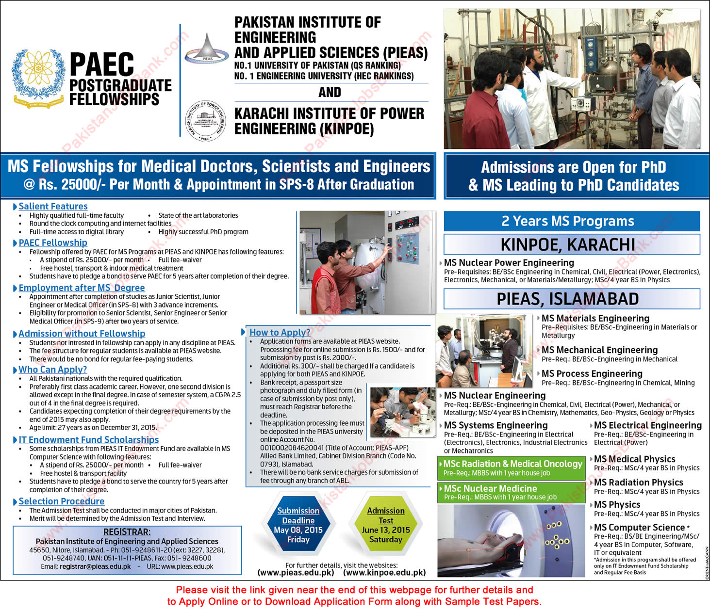 PIEAS Fellowships 2015 MS / Postgraduate Advertisement for Engineers, Scientists & Doctors at PAEC