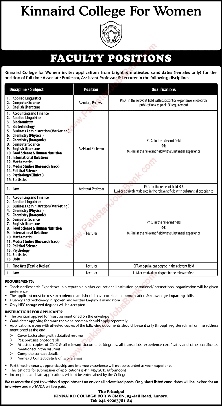 Kinnaird College Lahore Jobs 2015 April Teaching Faculty / Assistant / Associate Professors & Lecturers