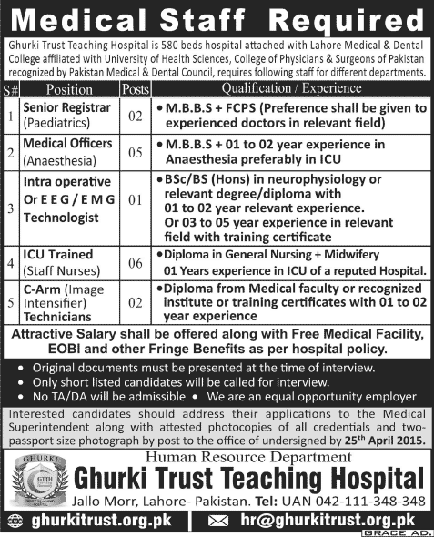Ghurki Trust Teaching Hospital Lahore Jobs 2015 April Medical Officers, Nurses & Others