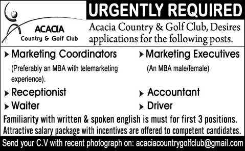 ACACIA Country & Golf Club Karachi Jobs 2015 April Receptionist, Accountant, Marketing & Other Staff