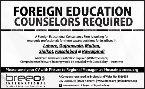 Breeo International Jobs 2015 April for Foreign Education Counselors Latest