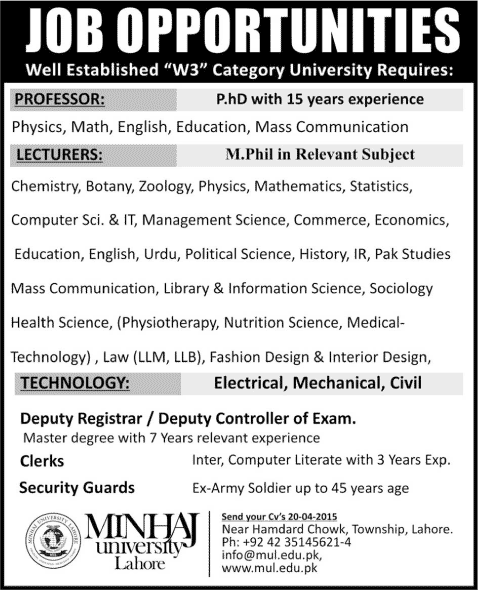 Faculty, Examination Controller, Clerks & Security Guard Jobs in Minhaj University Lahore April 2015