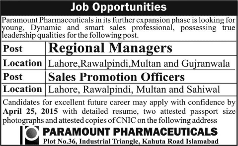Paramount Pharmaceuticals Jobs 2015 April Regional Managers & Sales Promotions Officers Latest