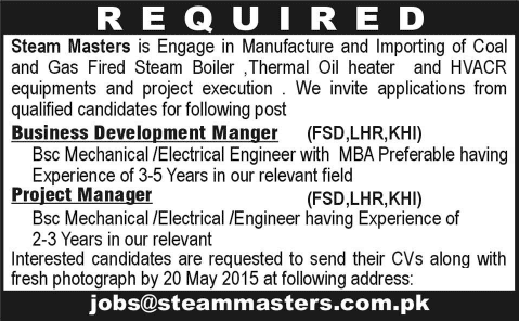 Electrical / Mechanical Engineering Jobs in Faisalabad / Lahore / Karachi 2015 April Steam Masters