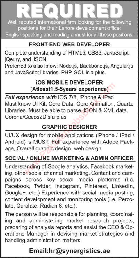 Jobs Lahore 2015 April Mobile / Web Developer, Graphic Designer, Social Media Marketing / Admin Officer