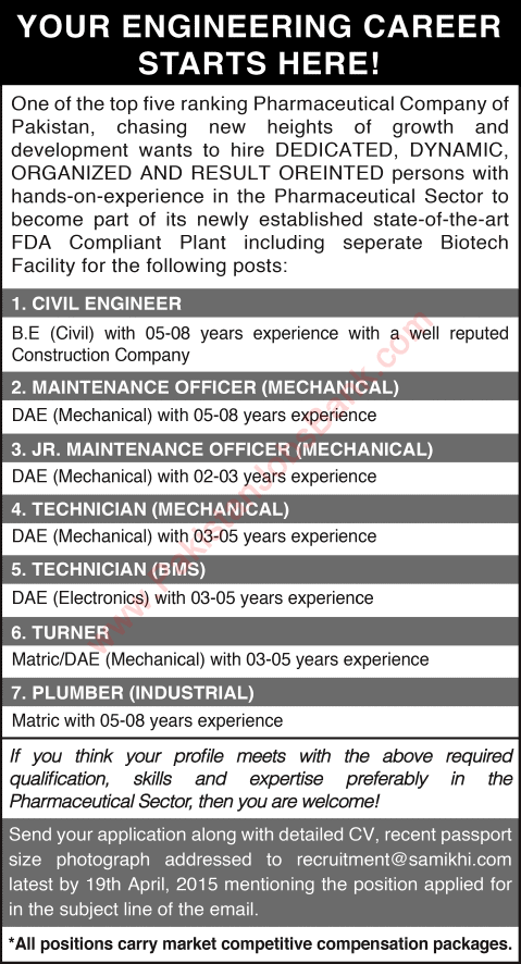 Civil / Mechanical / Electronics Engineers & Plumber Jobs in Karachi 2015 April Pharmaceutical Company