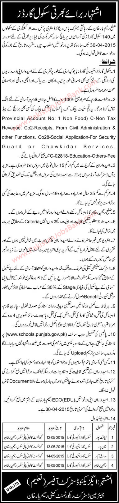 School / Security Guard Jobs in Government Schools Rahim Yar Khan 2015 April Education Department