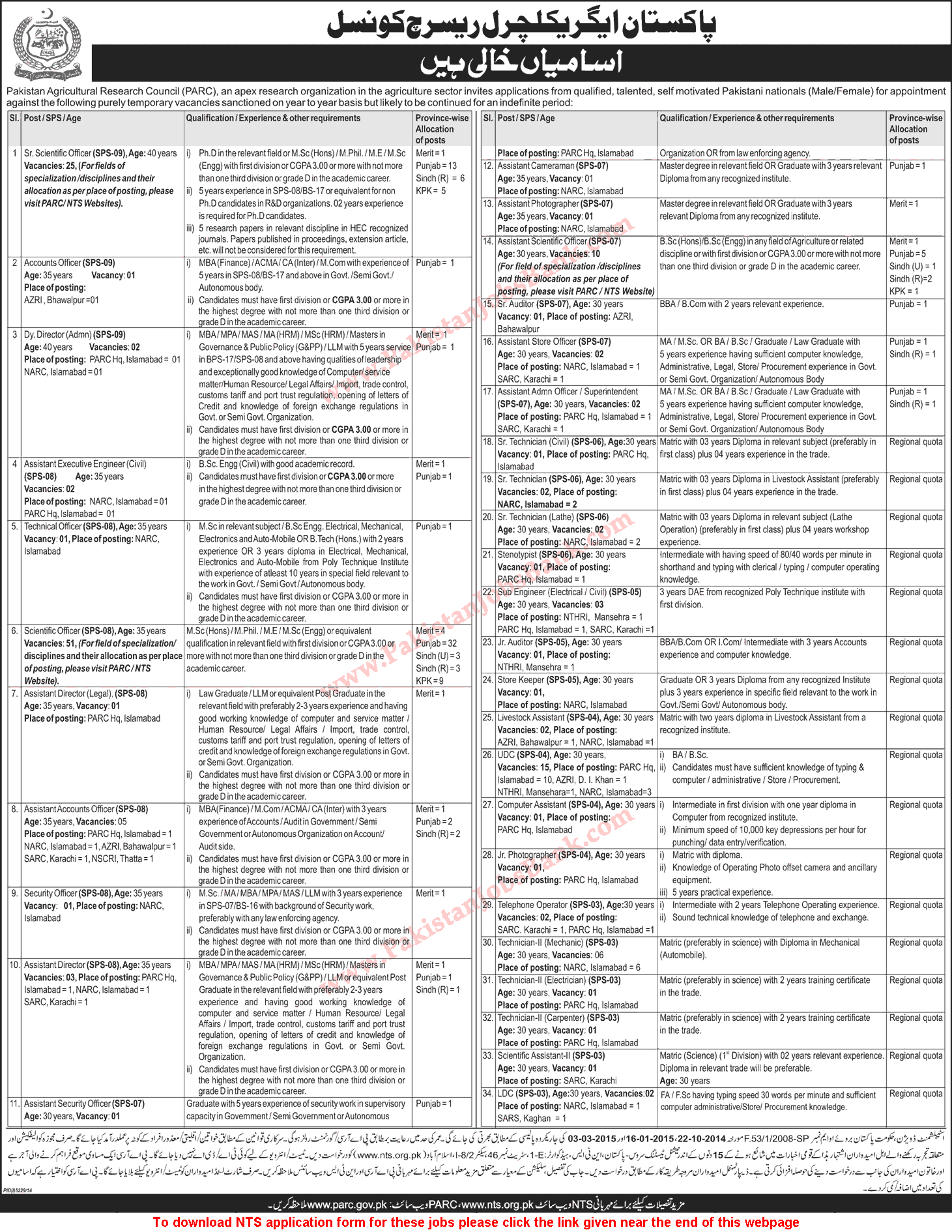 Pakistan Agriculture Research Council Jobs 2015 April NTS Application Form Download PARC Latest