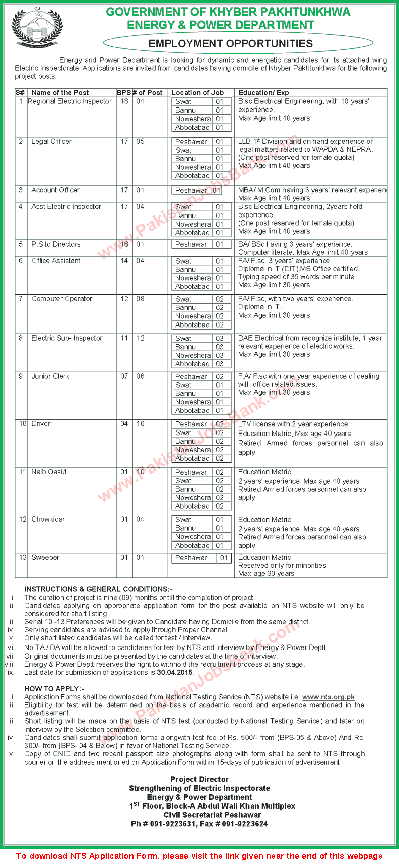 Energy and Power Department KPK Jobs 2015 April NTS Application Form Electric Inspectorate Wing