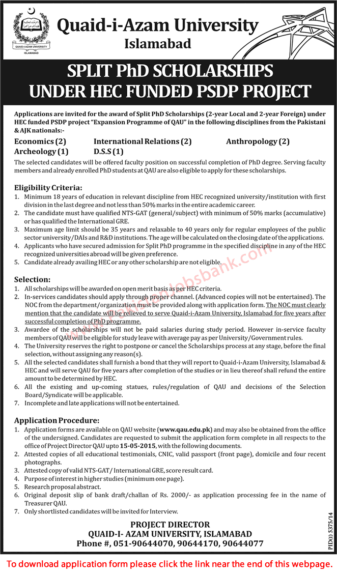 Quaid-e-Azam University Scholarships 2015 HEC Split Ph.D. Program Application Form Download