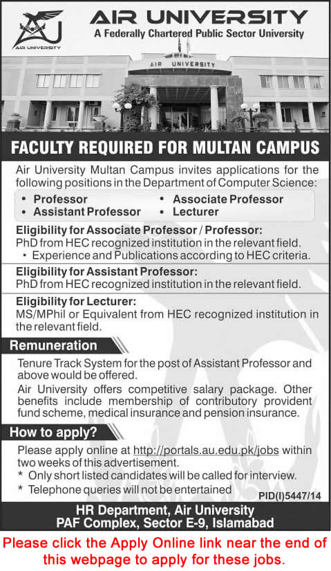 Air University Multan Jobs 2015 April Apply Online Teaching Faculty / Professors & Lecturers Latest