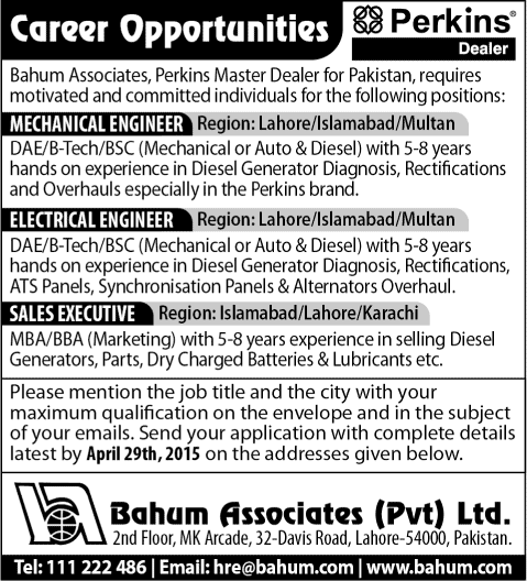 Mechanical / Electrical Engineers & Sales Executive Jobs in Bahum Associates 2015 April Perkins