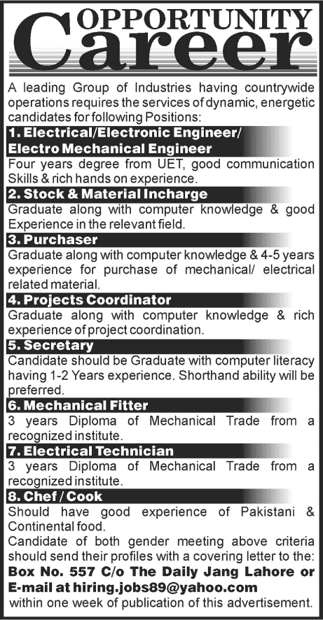 Engineers, Technicians & Admin Staff Jobs in Pakistan 2015 April for a Group of Industries
