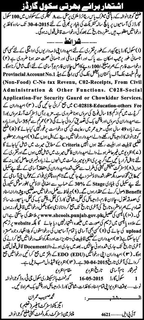 Security / School Guards Jobs in Gujranwala Government Schools 2015 April Education Department