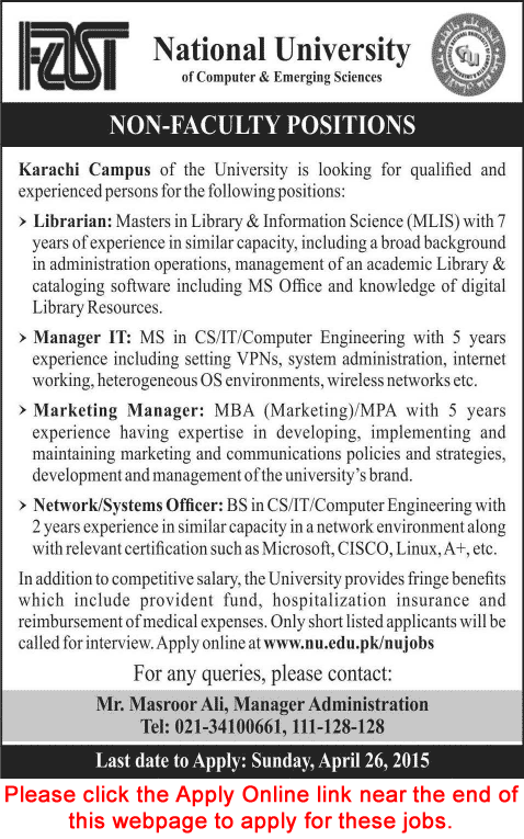 FAST National University Karachi Campus Jobs 2015 April Apply Online Non-Faculty / Admin Staff