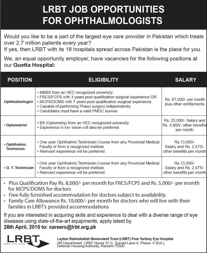 LRBT Hospital Quetta Jobs 2015 April Ophthalmologist, Optometrist, Ophthalmic & OT Technicians